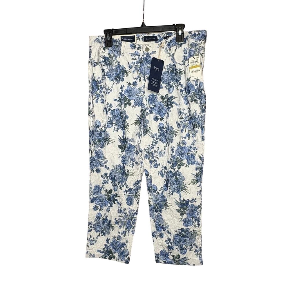 Charter Club Bristol Blue & White Floral Capri Tummy Control Pants Size 14 New